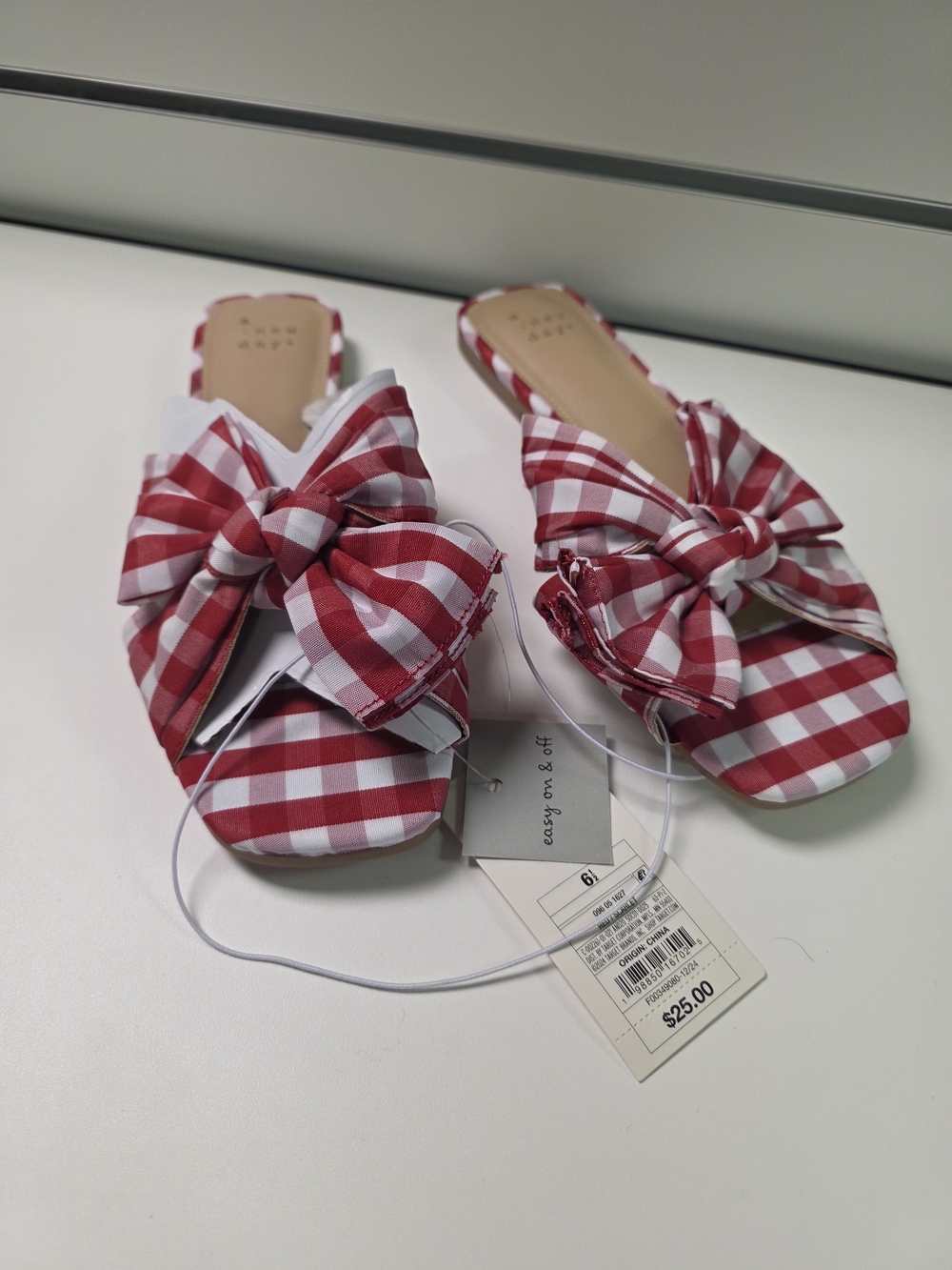 a new day Red and White Gingham Bow Slide Sandals